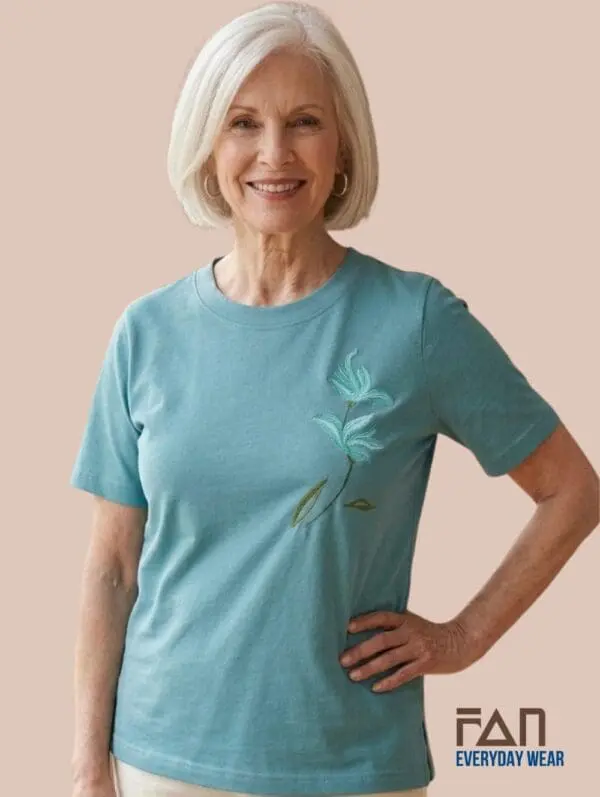 Women’s cotton embroidered T-shirt in teal with floral embroidery and loose fit