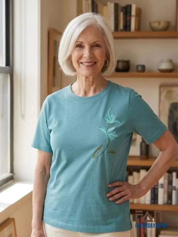 Women’s cotton embroidered T-shirt in teal with floral embroidery and loose fit