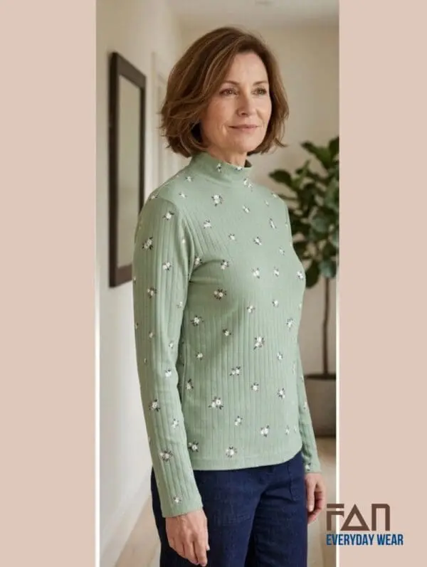 Printed floral turtleneck top for mature women in blue-white and sage