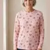 Printed floral crew neck top for mature women in Pink and White
