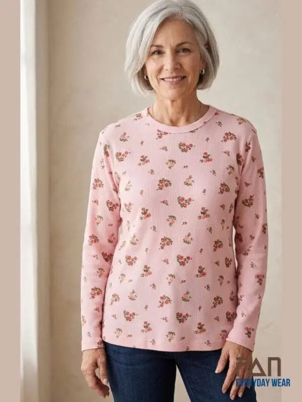 Printed floral crew neck top for mature women in Pink and White