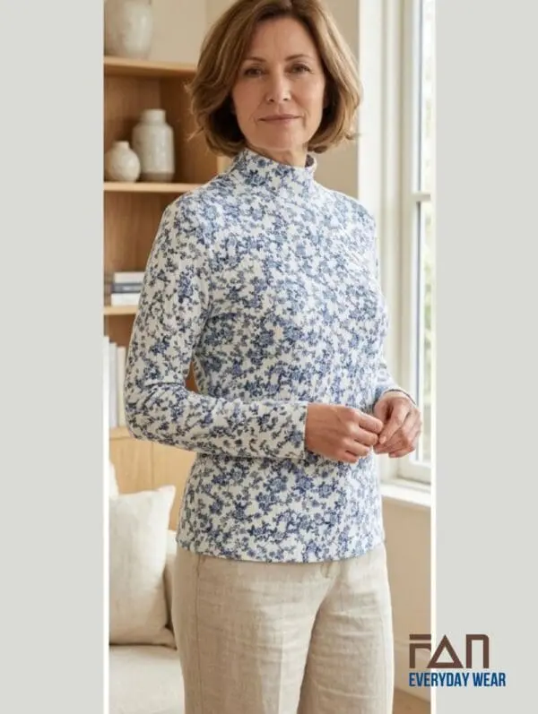 Printed floral turtleneck top for mature women in blue-white and sage