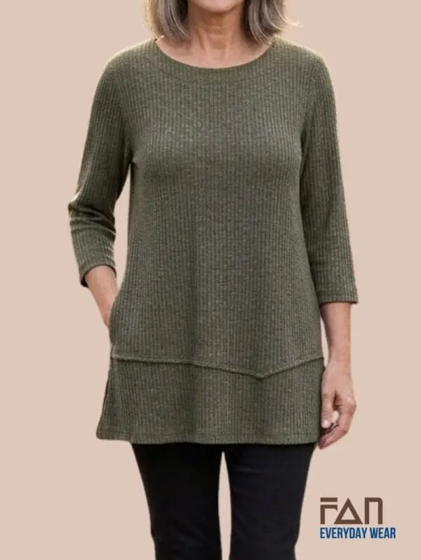 Women's khaki textured knitted tunic top relax fit