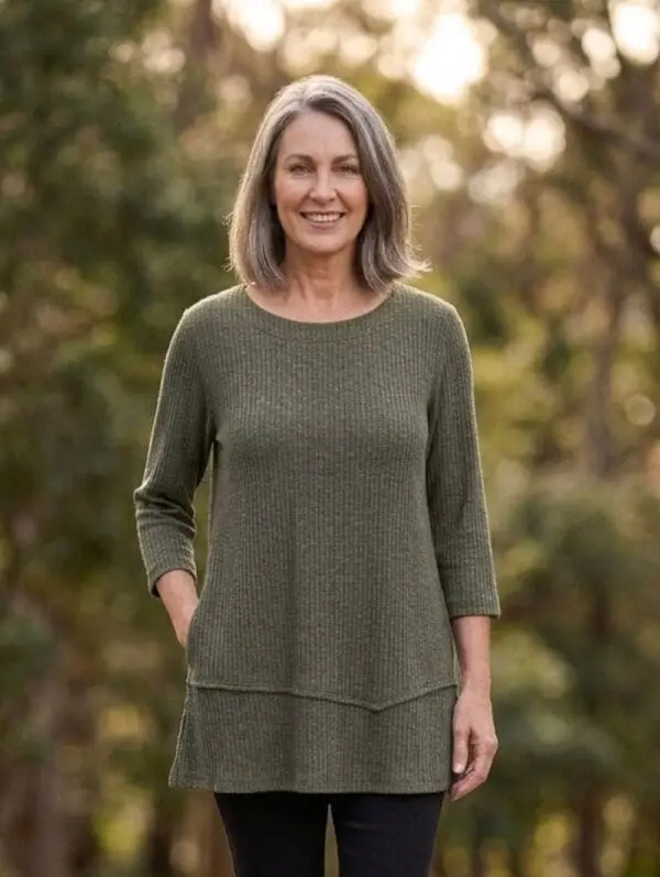 Women's khaki textured knitted tunic top relax fit