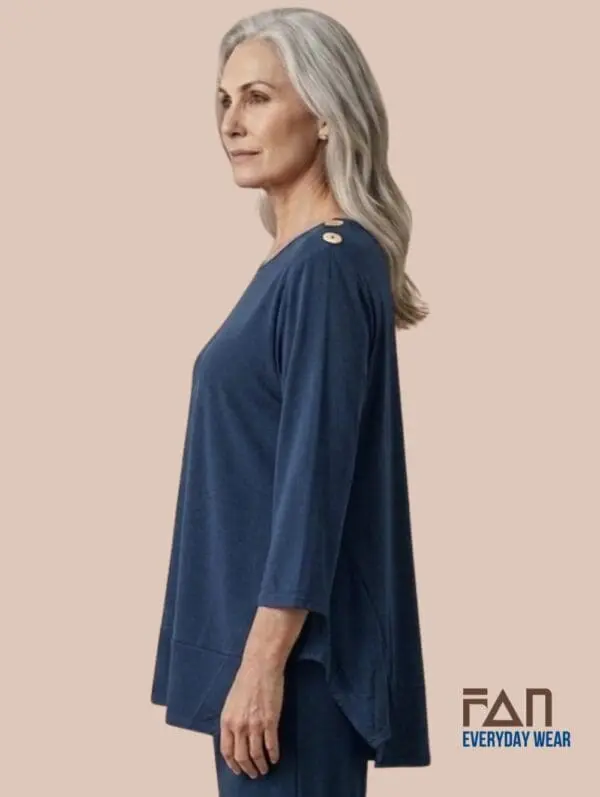 stretch tunic in eggplant, blue , black