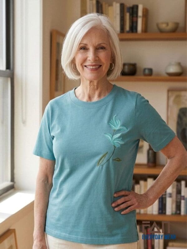 Women’s cotton embroidered T-shirt in teal with floral embroidery and loose fit