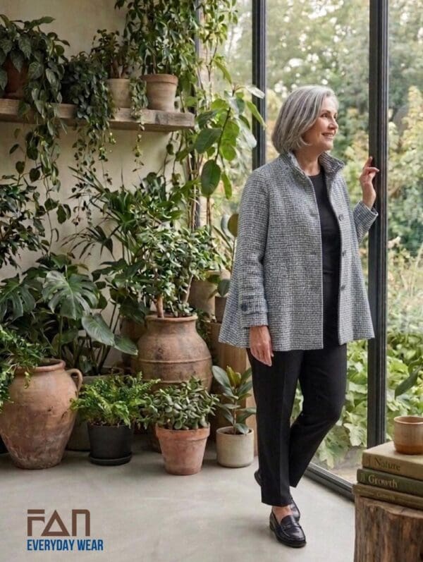 Textured swing jacket in grey for mature women.