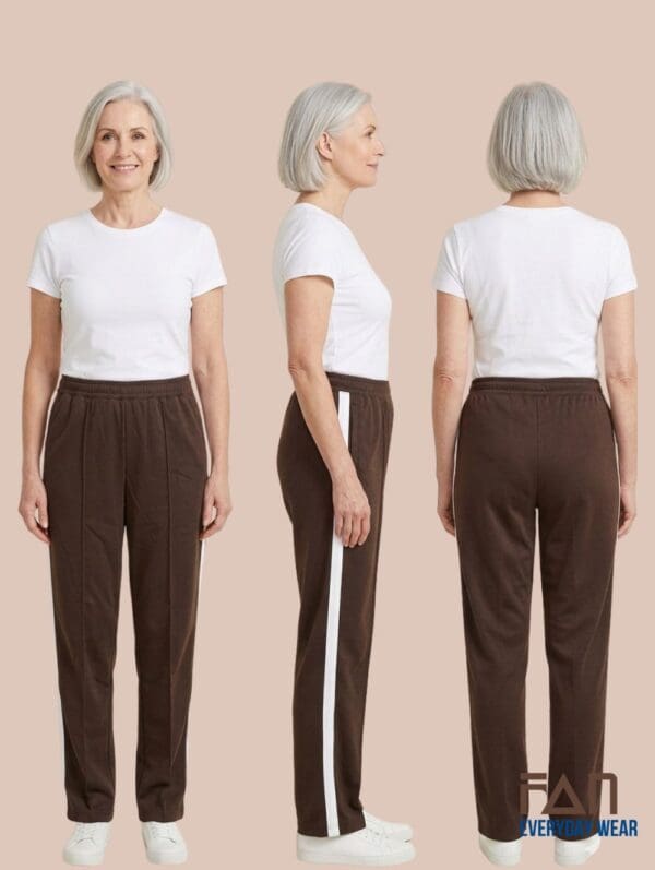 comfortable cotton blend stripe pants, for mature women in brown blue white pink and black