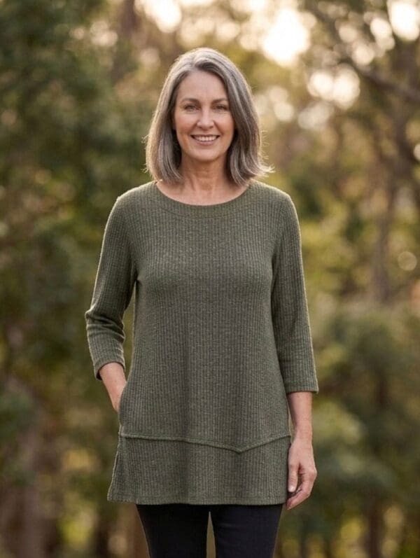 Women's khaki textured knitted tunic top relax fit